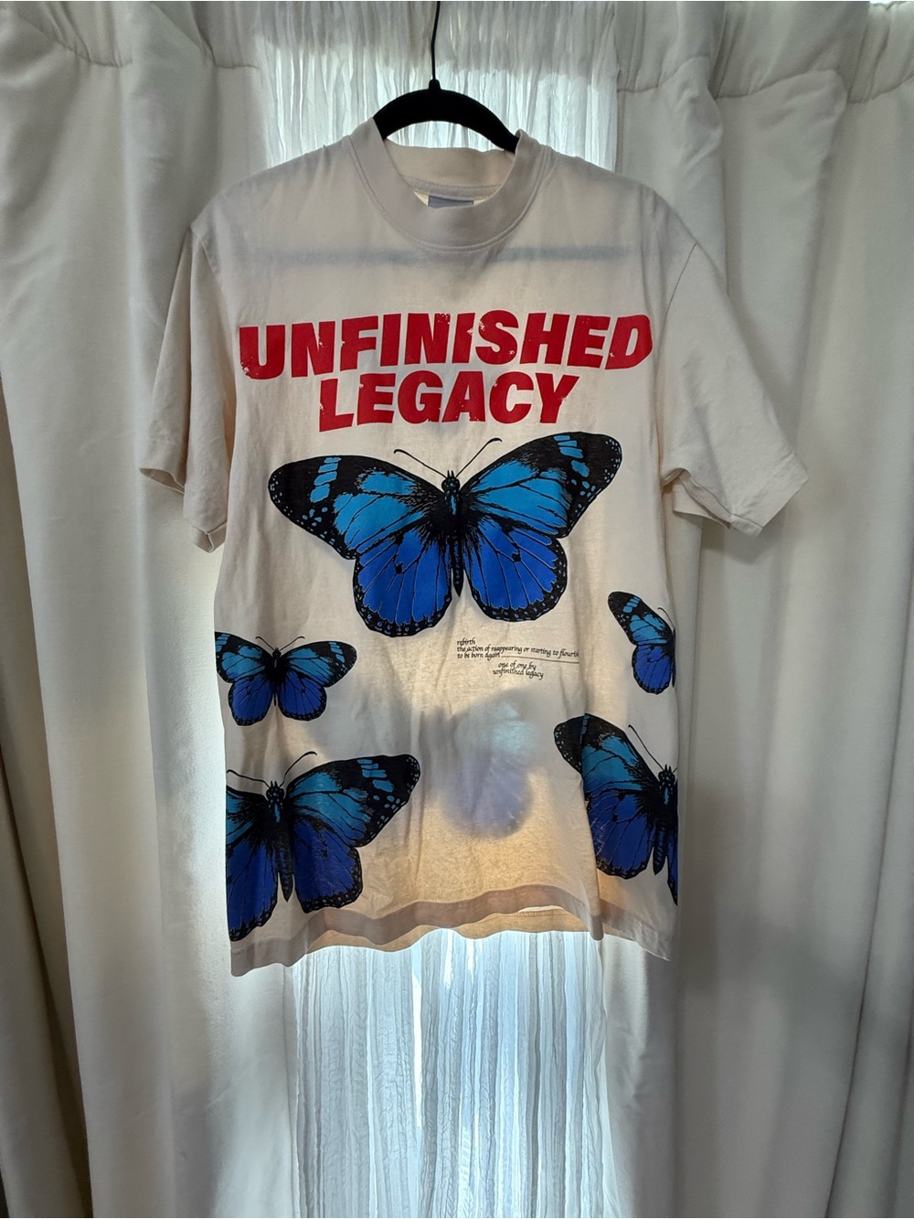 White Short-Sleeve Tee with Blue Butterfly Graphic